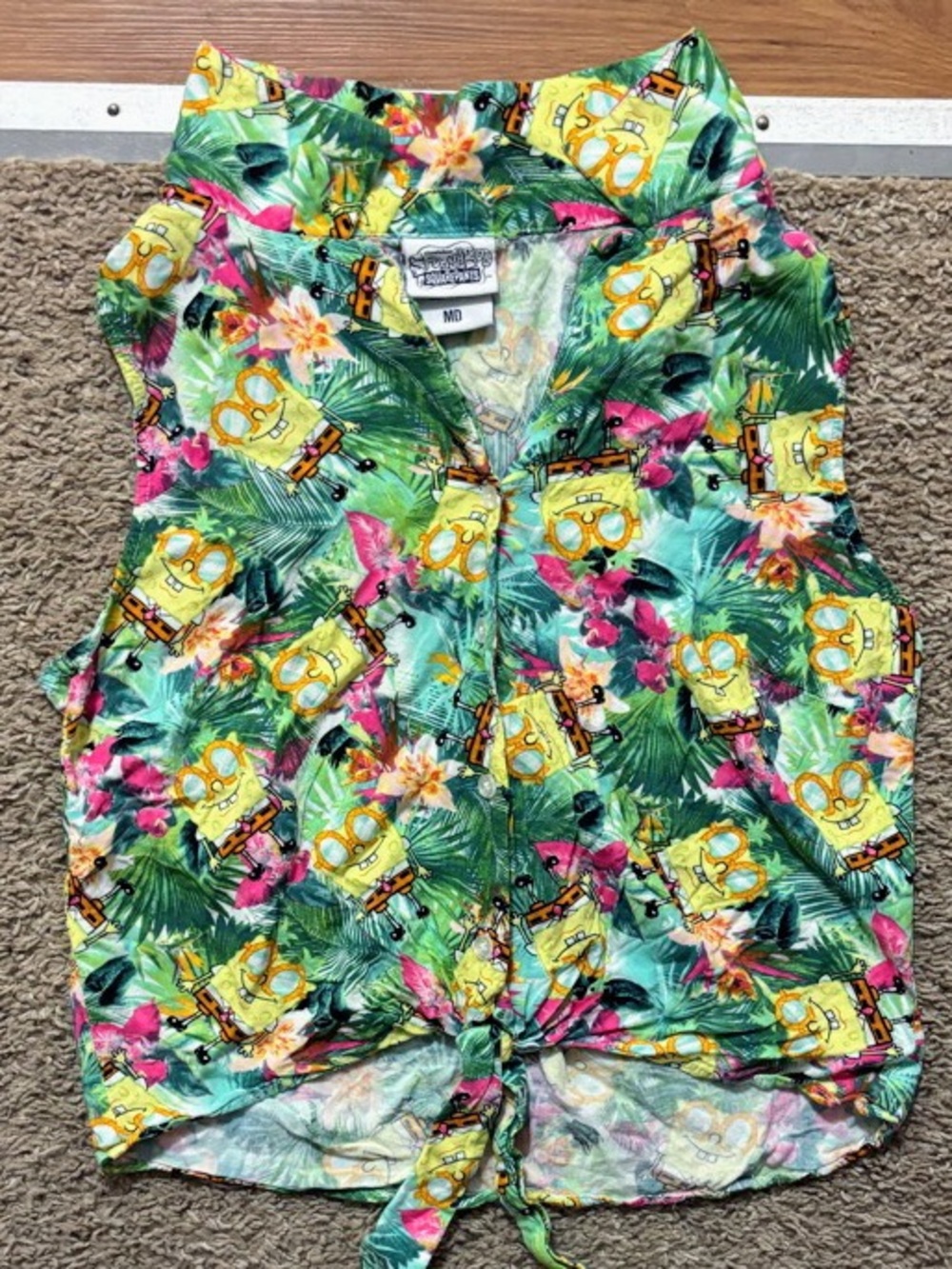 Nickelodeon SpongeBob Womans Md Tropical Print Tie-Front Tank Top Great Shape